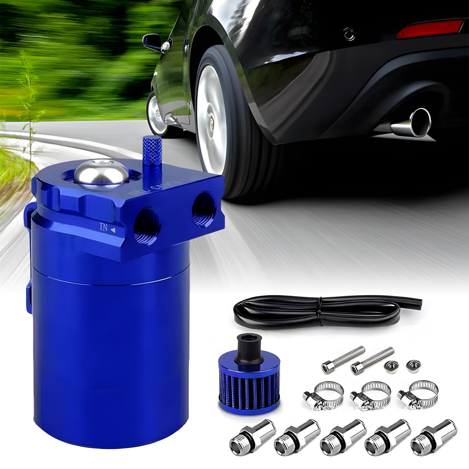 Oil Catch Can,300ml Aluminium Auto Reservoir Tank ,Ölbehälter,Universal Auto Tank Tank Kit,mit Luftfilter, Schlauch und sonstiges Zubehör (Blau) von Tomalithic