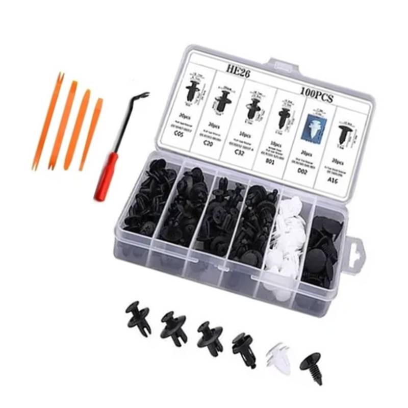 100 Stück Auto Befestigung Clips, Stoßstangen Halteclips, Auto Halteclips mit Befestigungsentferner, 6 Beliebte Größen, Auto Kunststoffnieten, Befestigungselemente, Push Halteclips Kit von Tomotato