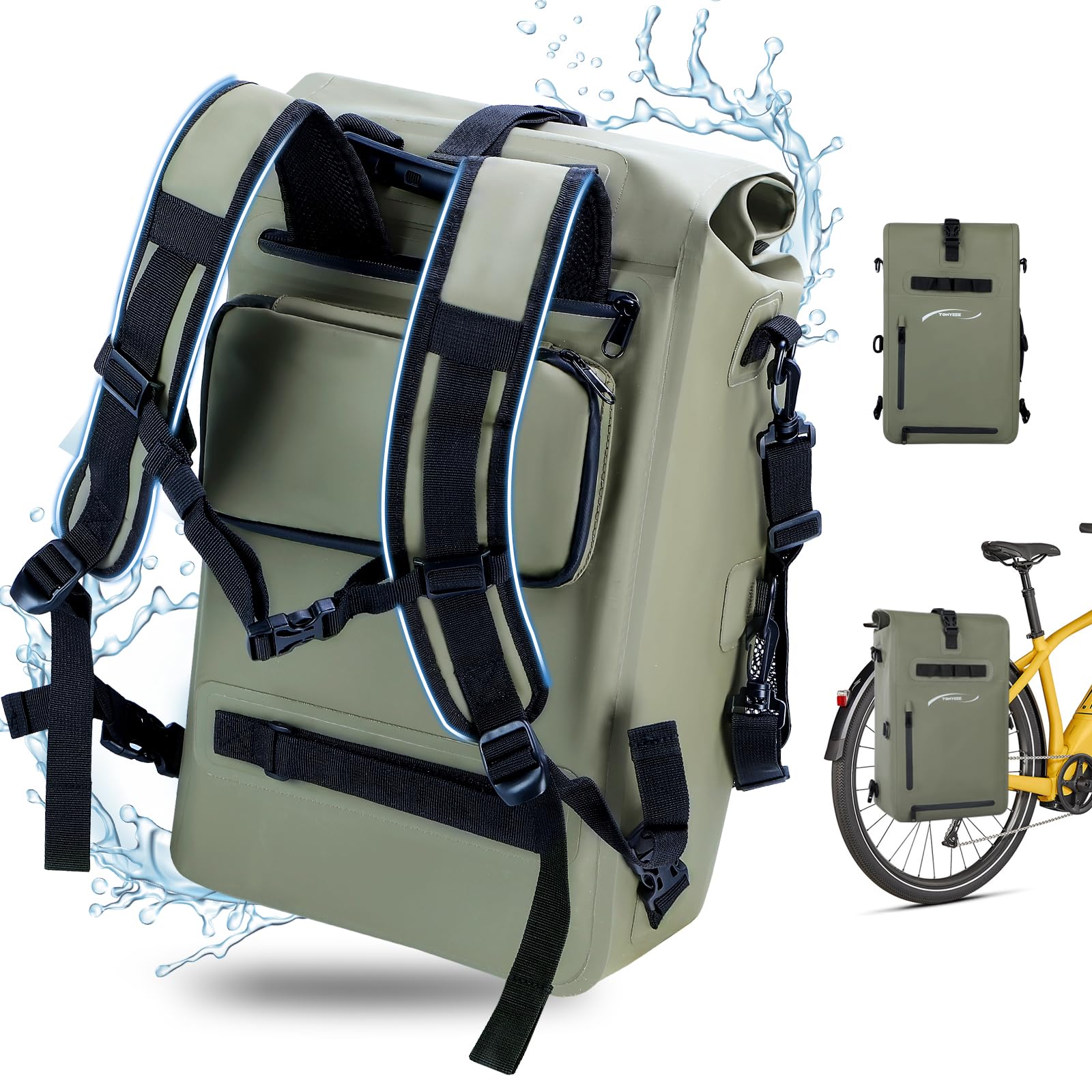 Tonyeee 3in1 Fahrradtaschen für Gepäckträger，Fahrradtasche Geeignet als Tasche für den Gepäckträger, als Rucksack und als Schultertasche - Wasserdicht & Reflektierend - 29L-Grün von Tonyeee