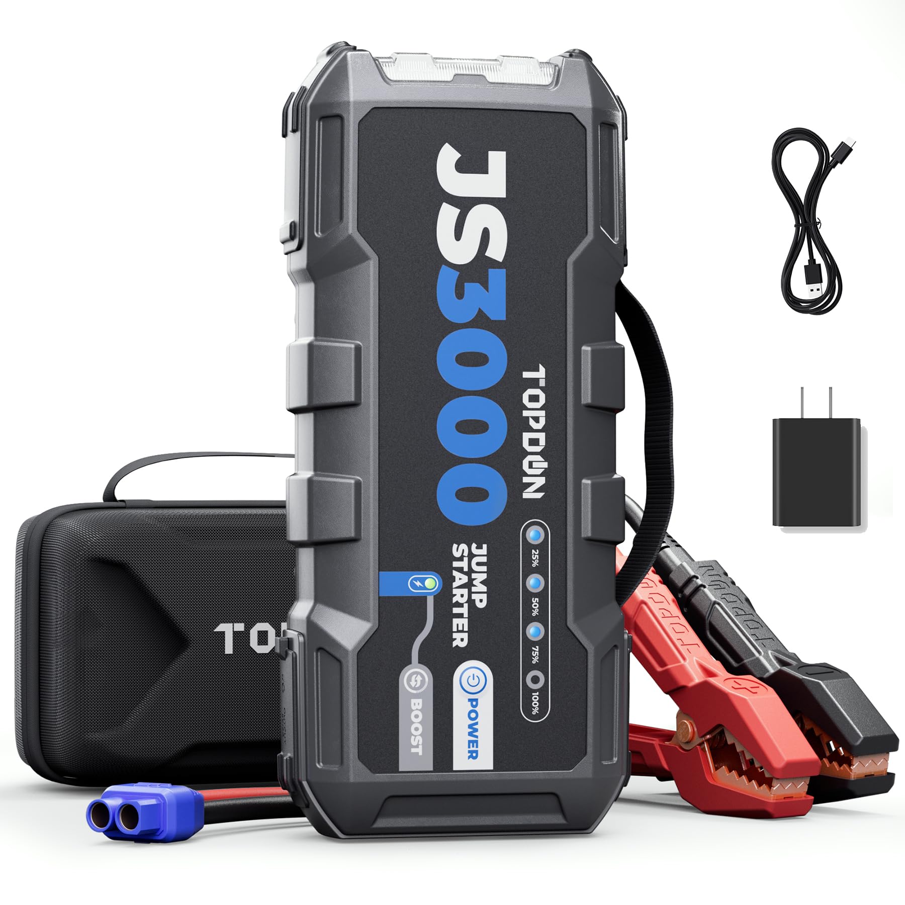 TOPDON Starthilfe Powerbank, JS3000 Starterbatterie 3000A Auto Booster Power Pack für bis zu 9L Benzin&7L Dieselmotoren, Kfz Jump Starter mit Starthilfekabel/Eva Tasche/Eingebaute LED, 24000mAh von TOPDON