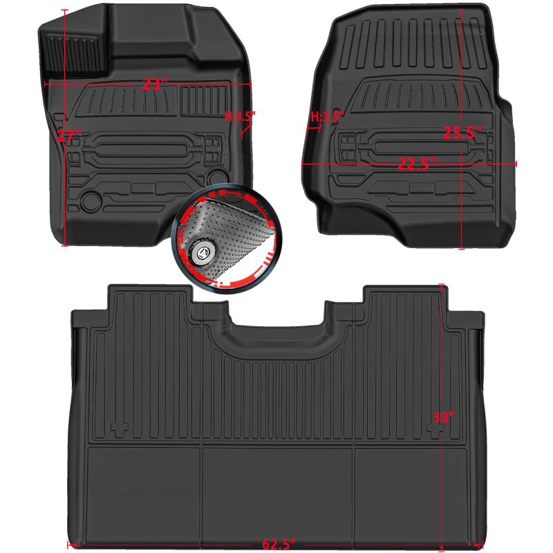 Torcia Allwetter-Fußmatten (3-teilig), passgenau für 2015–2023 Ford F-150 SuperCrew Cab, 1. & 2. Reihe, Schalensitze, schwarz (passt Nicht für Modelle mit 2. Reihe Untersitz-Faltbox Alter) von Torcia