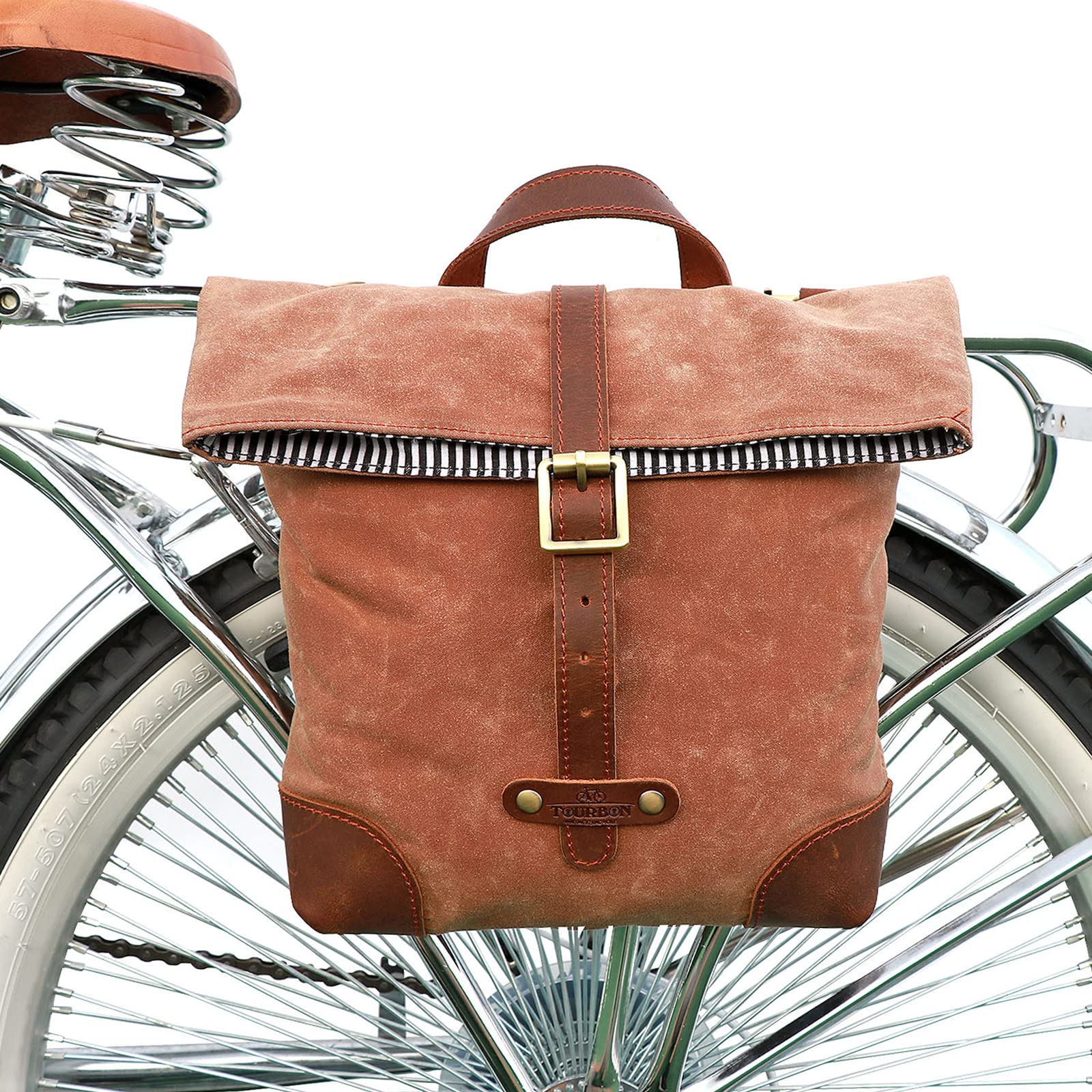 Tourbn Tourbon T-TB1250CA Fahrrad-Rücksitztasche aus gewachstem Segeltuch, Leder, für Damen, Schultertasche, Kuriertasche, Lenkertasche, Braun, 27 x 7 x 24,5 cm von Tourbn