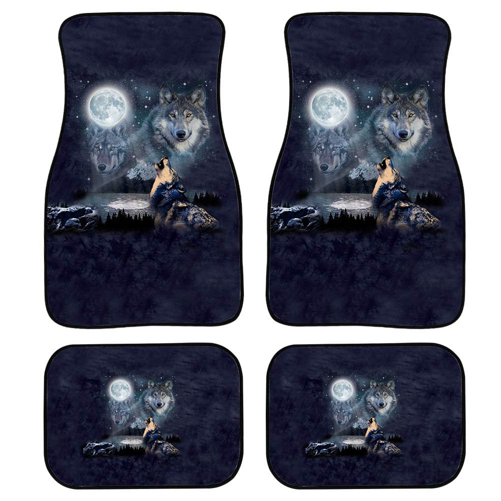 3D Wild Wolf Moon Night Print Auto Fußmatten Universal Vorne Hinten Teppich für SUV Van und LKW Fahrer Beifahrersitz von TradesForU