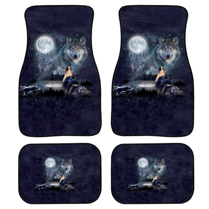 3D Wild Wolf Moon Night Print Auto Fußmatten Universal Vorne Hinten Teppich für SUV Van und LKW Fahrer Beifahrersitz von TradesForU