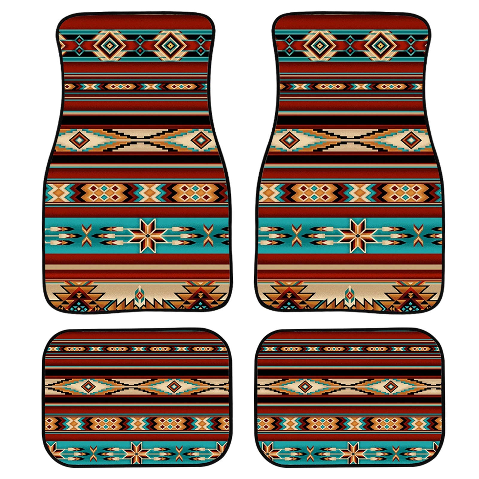 Auto-Fußmatten, 4-teiliges Set für Autos, LKWs, Südwesten, Tribal, Azteken, Ethno-Muster, Vorder- und Rückseite, Gummi-Rückseite, Autozubehör von TradesForU