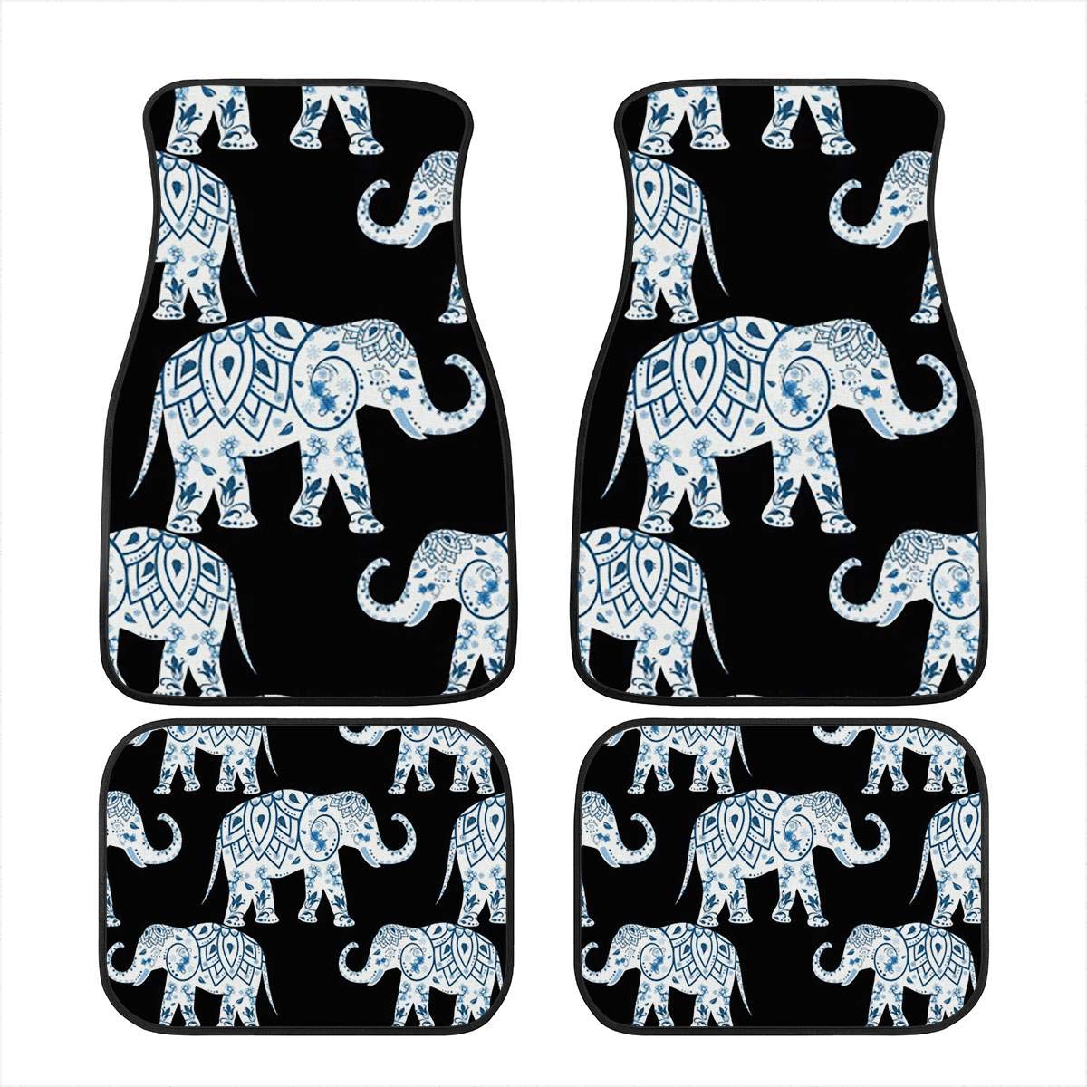 Fußmatten im Bohemian-Stil, Mandala-Elefanten-Druck, 4-teilig, universelle Passform, vorne und hinten, Schwarz von TradesForU