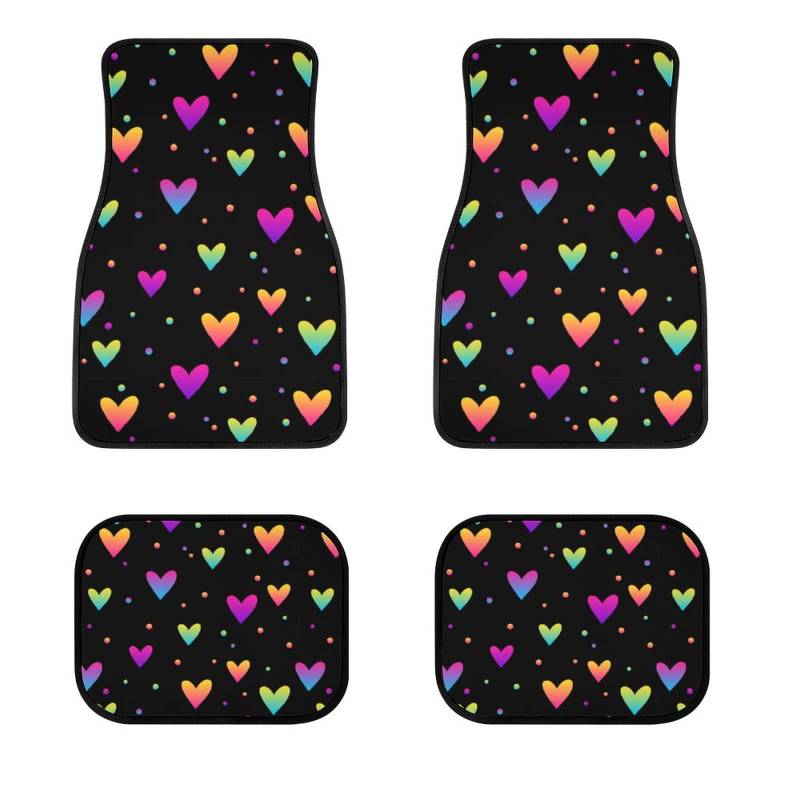 Rainbow Love Heart 4-teiliges Auto Fußmatten vorne und hinten Gummi Rückseite Teppich Auto Fußmatten Allwetter Universal Fit Auto Dekor Zubehör Fit für SUV, Vans, Limousine, LKW von TradesForU