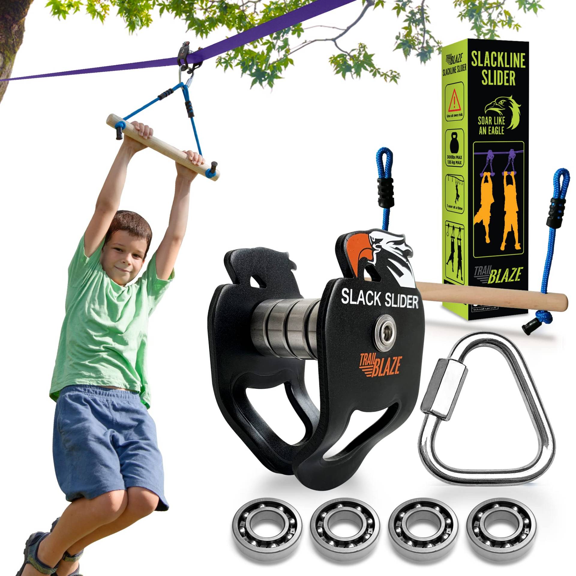 Slackline Slider Zipline Kit für Kinder – Pulley Monkey Bar lässt Sich an jeder Slack Line befestigen – Kinder Slackline Zipline Kit Outdoor Hinterhof Zip Line Spaß von Trailblaze