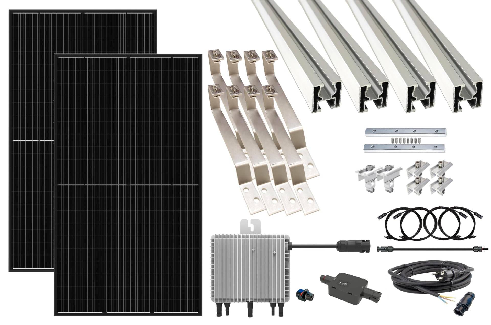 Trango BK7-DE800W Mini-Kraftwerk inkl. 800 W Mikro-Wechselrichter gedrosselt 600W, Ziegeldach Montage Set, 2x 400W Panel, 3m Schuko-Kabel mit Betteri Stecker, Solarmodul Schrägdach-Halterung VDE 4105 von Trango