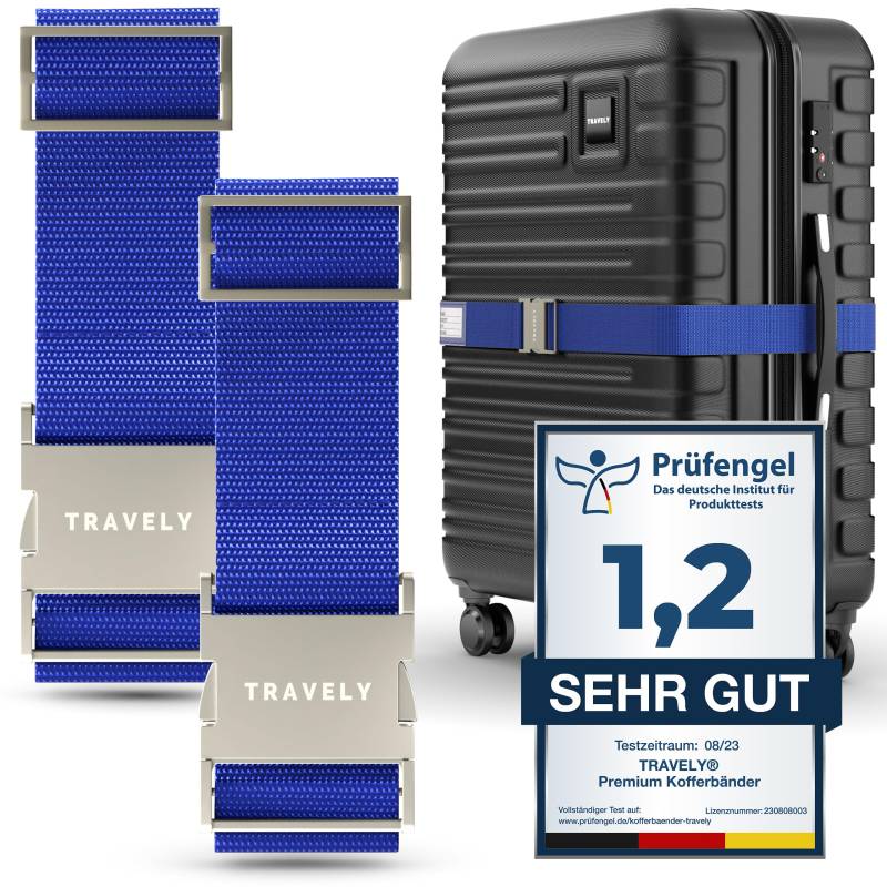 TRAVELY Premium Koffergurt mit Metallschnalle [2er Set]- Besonders Edel & Auffällig - sehr robust I inklusive Namensschild - Passend für Handgepäck bis Übergröße, Kofferband Gurt, kofferband von Travely