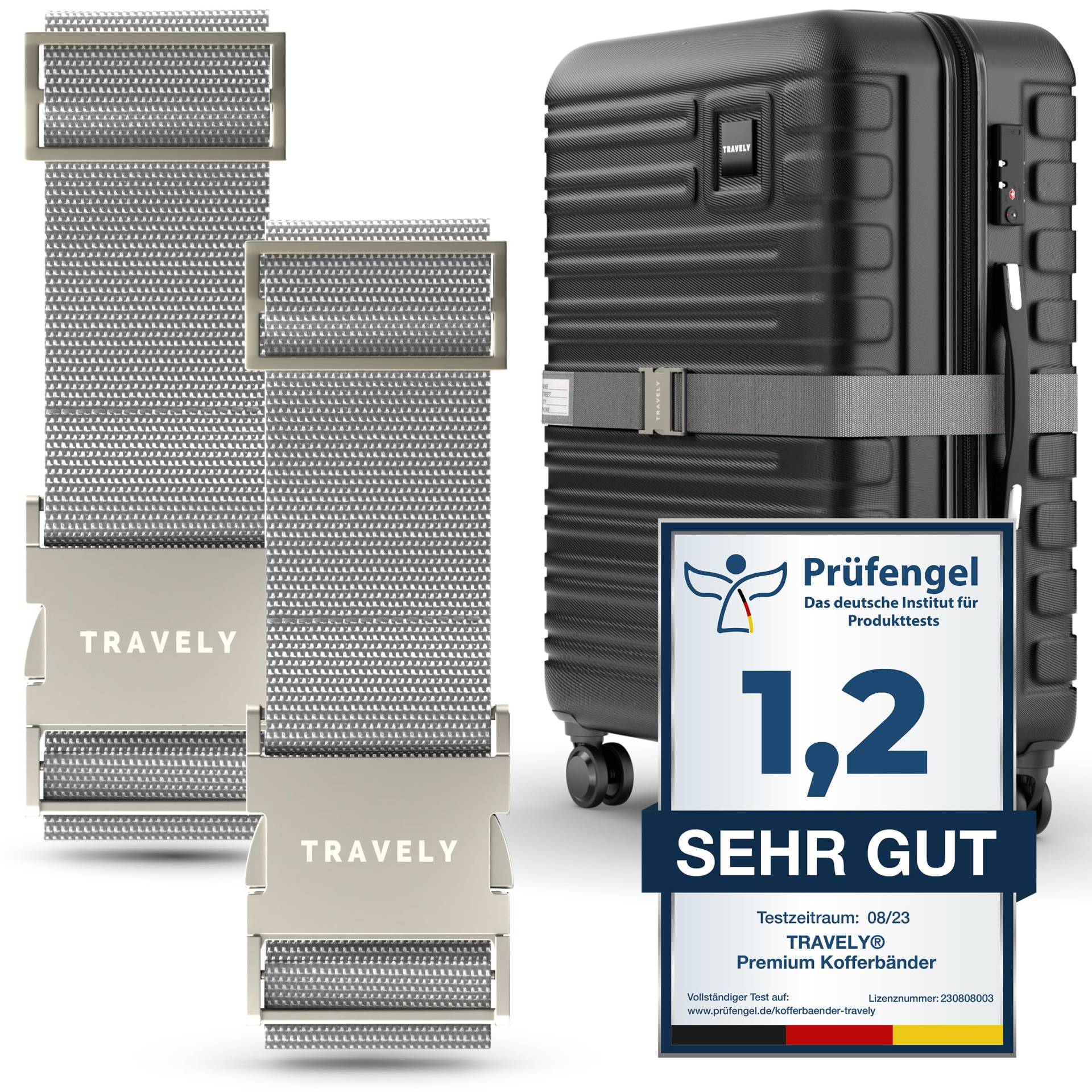 TRAVELY Premium Koffergurt mit Metallschnalle [2er Set]- Besonders Edel & Auffällig - sehr robust I inklusive Namensschild - Passend für Handgepäck bis Übergröße, Kofferband Gurt, kofferband von Travely