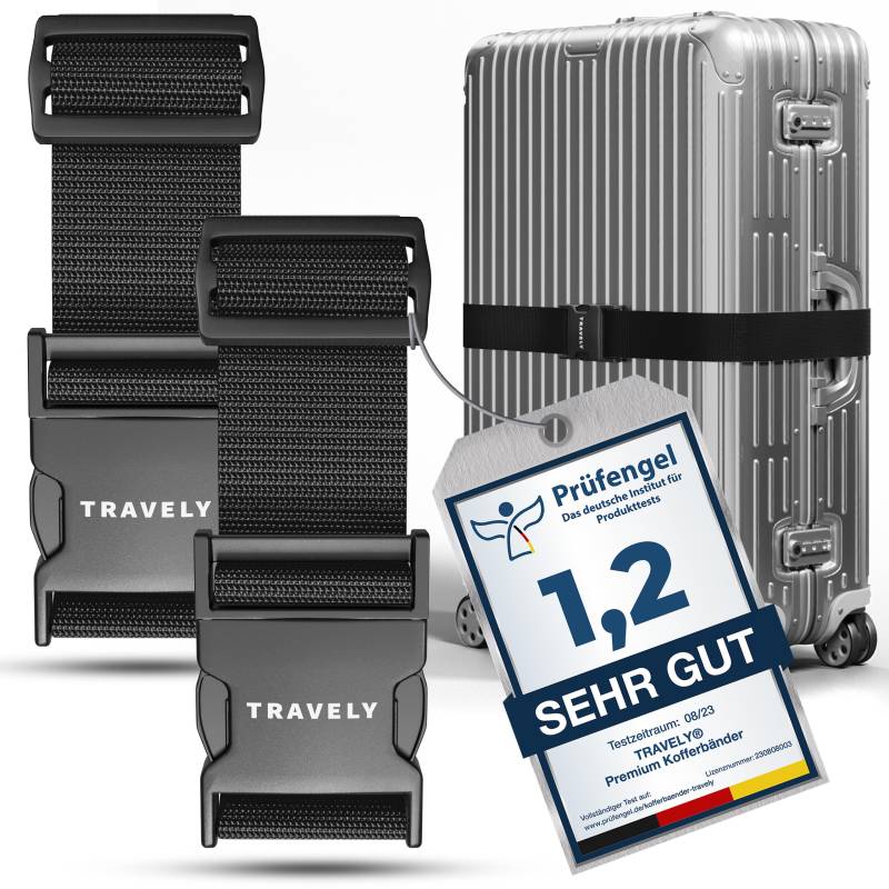 Travely® Premium Koffergurt - Besonders Auffällig & Sicher - Inkl. 2 Namensschildern - Gepäckband ideal über Kreuz - [2er Set] - Schwarz von Travely