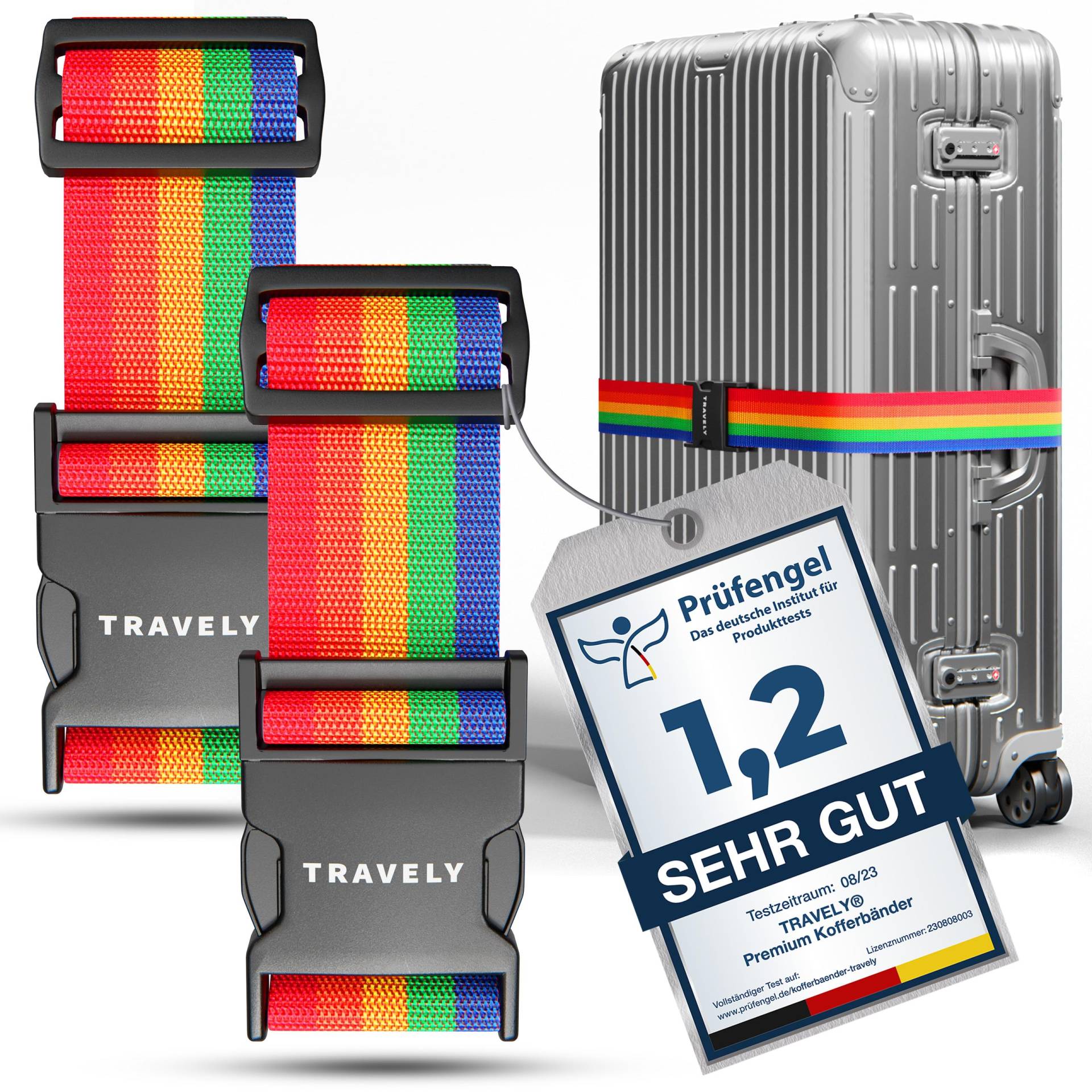 Travely® Premium Koffergurt - Besonders Auffällig & Sicher - Inkl. 2 Namensschildern - Kofferband ideal über Kreuz - [2er Set] - Bunt von Travely