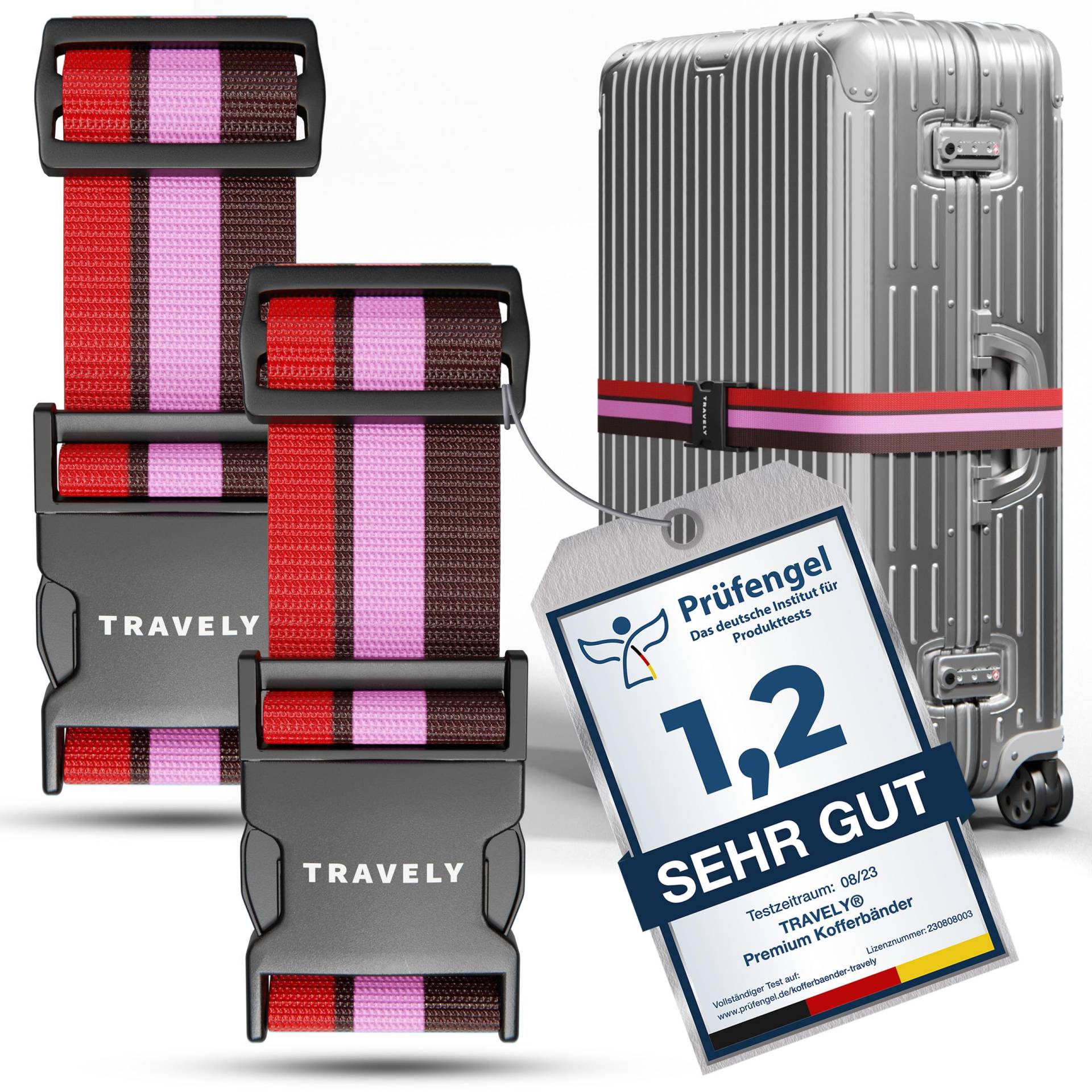 Travely® Premium Koffergurt - Besonders Auffällig & Sicher - Inkl. 2 Namensschildern - Gepäckband ideal über Kreuz - [2er Set] - Rot-Pink-Braun von Travely