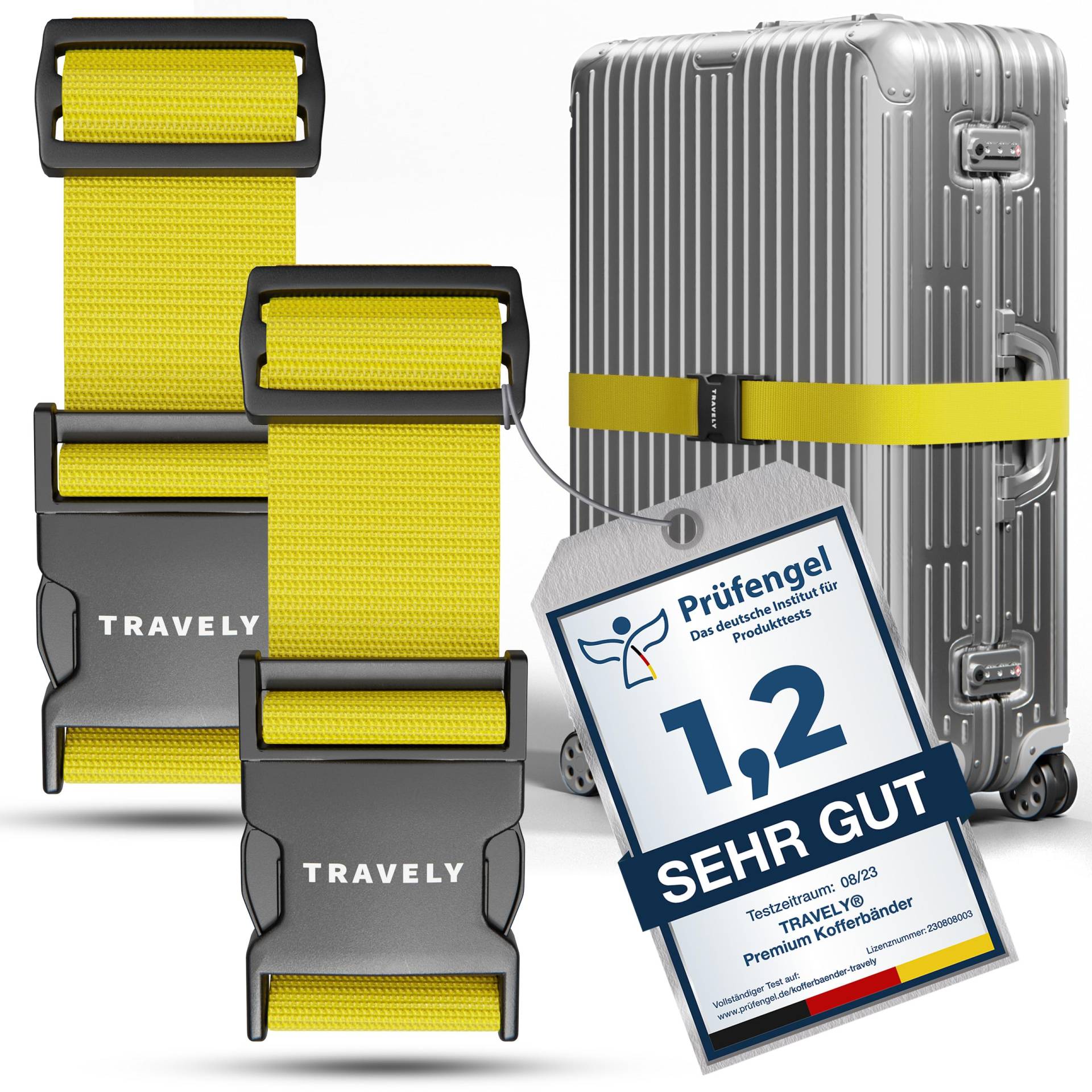 Travely® Premium Koffergurt - Besonders Auffällig & Sicher - Inkl. 2 Namensschildern - Gepäckband ideal über Kreuz - [2er Set] - Gelb von Travely