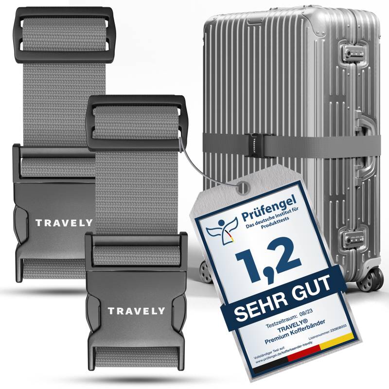 Travely® Premium Koffergurt - Besonders Auffällig & Sicher - Inkl. 2 Namensschildern - Kofferband ideal über Kreuz - [2er Set] - Grau von Travely