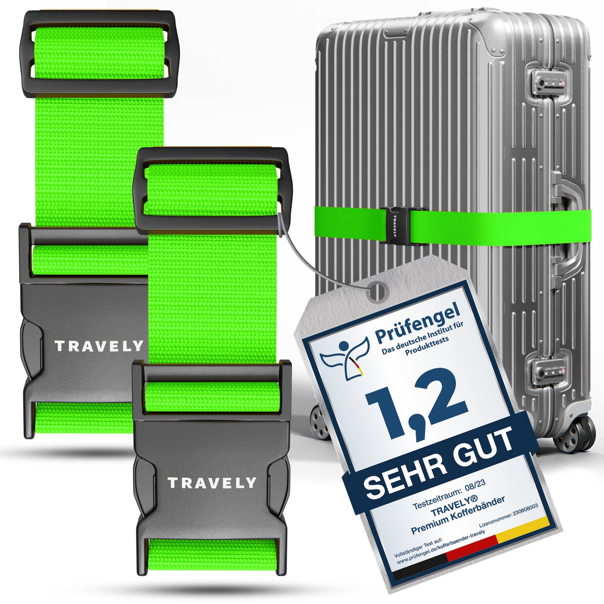 Travely® Premium Koffergurt - Besonders Auffällig & Sicher - Inkl. 2 Namensschildern - Gepäckband ideal über Kreuz - [2er Set] - Grün von Travely