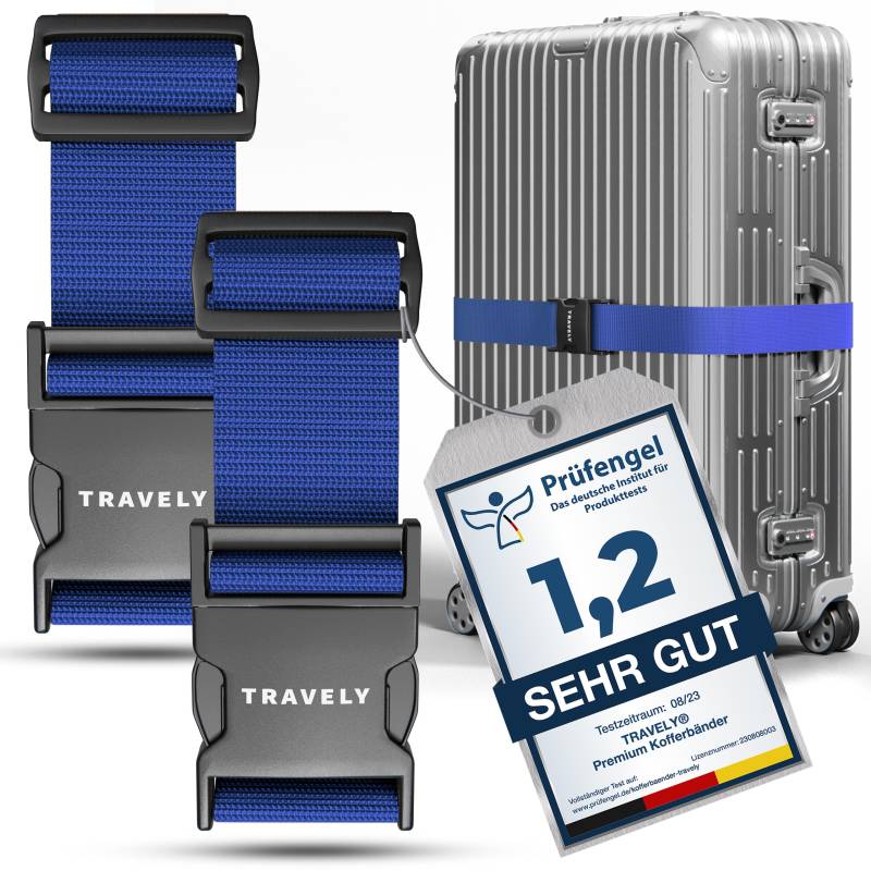 Travely® Premium Koffergurt - Besonders Auffällig & Sicher - Inkl. 2 Namensschildern - Gepäckband ideal über Kreuz - [2er Set] - Navy von Travely