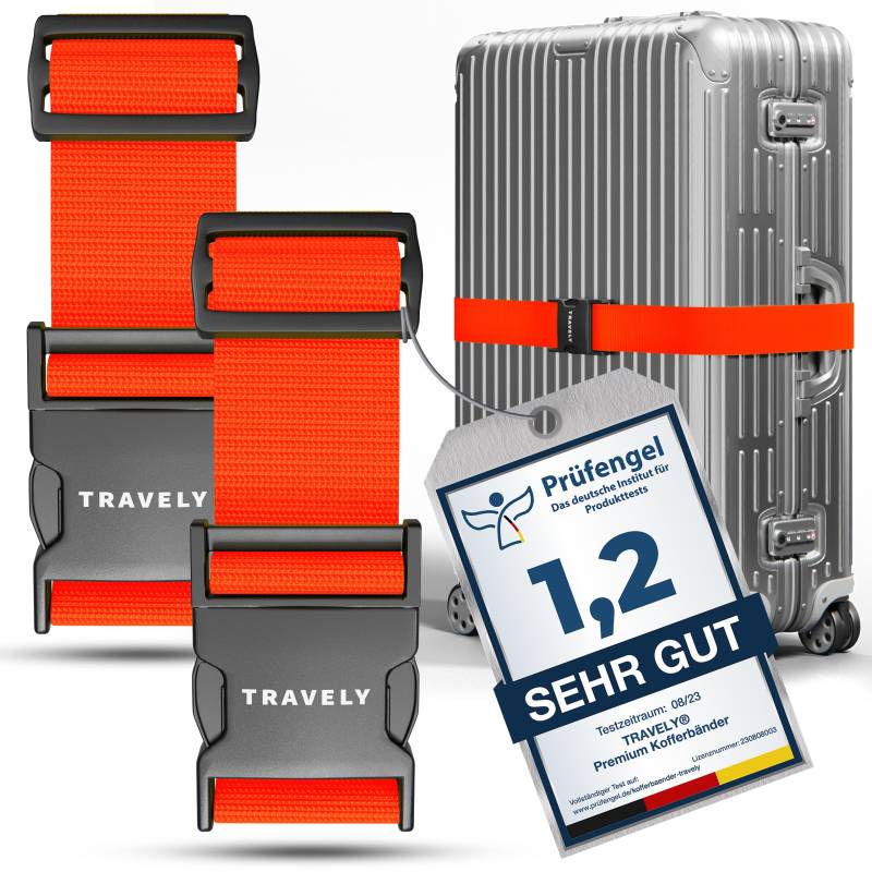 Travely® Premium Koffergurt - Besonders Auffällig & Sicher - Inkl. 2 Namensschildern - Gepäckband ideal über Kreuz - [2er Set] - Orange von Travely