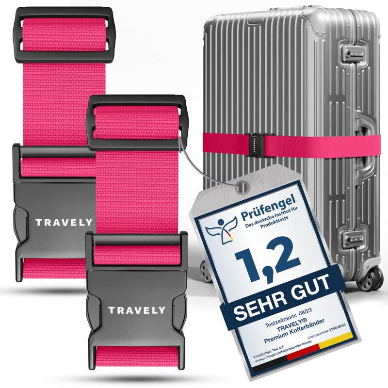 Travely® Premium Koffergurt - Besonders Auffällig & Sicher - Inkl. 2 Namensschildern - Gepäckband ideal über Kreuz - [2er Set] - Pink von Travely