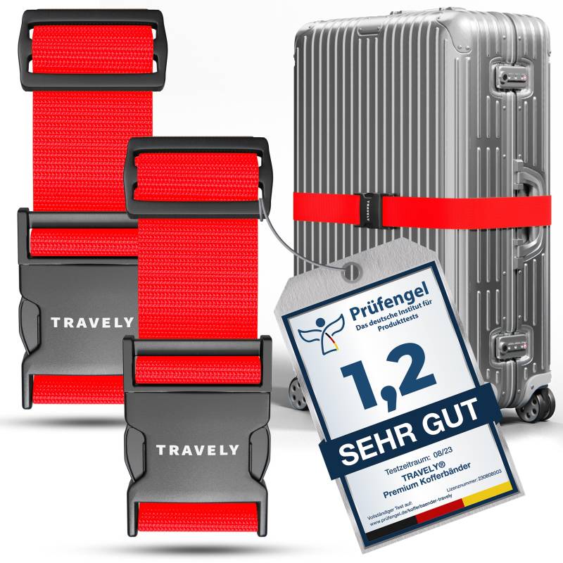 Travely® Premium Koffergurt - Besonders Auffällig & Sicher - Inkl. 2 Namensschildern - Gepäckband ideal über Kreuz - [2er Set] - Rot von Travely