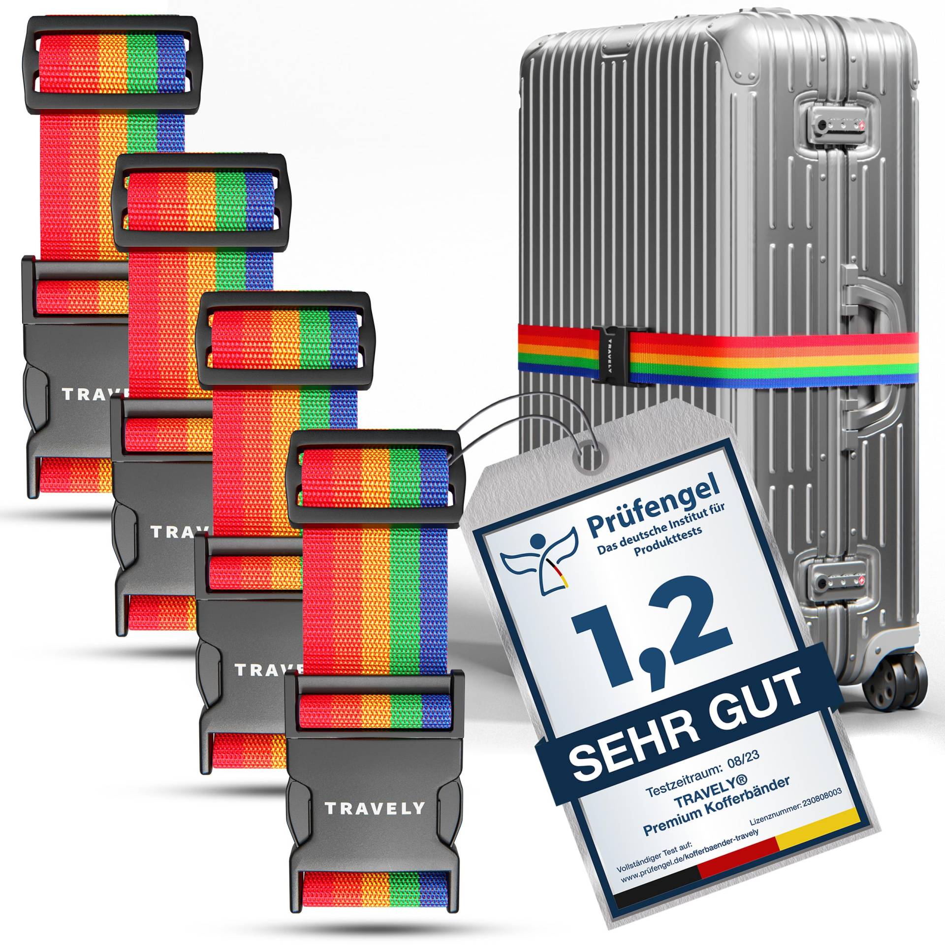 Travely® Premium Koffergurt - Besonders Auffällig & Sicher - Inkl. 4 Namensschildern - Gepäckband ideal über Kreuz - [4er Set] - Regenbogen von Travely