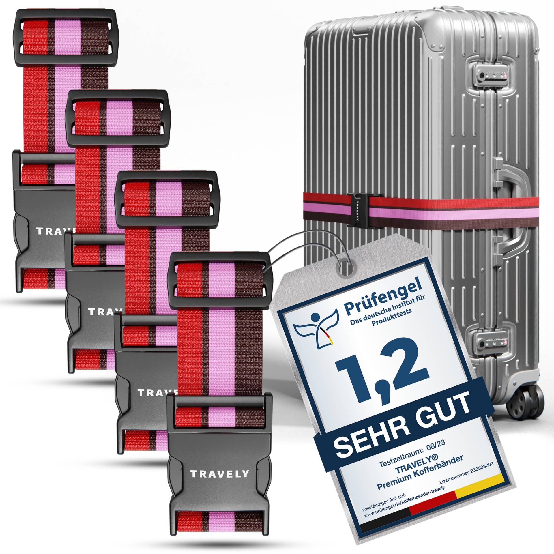 Travely® Premium Koffergurt - Besonders Auffällig & Sicher - Inkl. 4 Namensschildern - Gepäckband ideal über Kreuz - [4er Set] - Rot-Pink-Braun von Travely