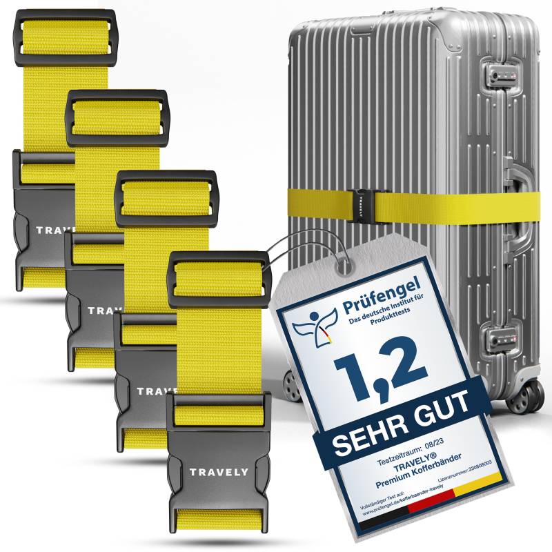 Travely® Premium Koffergurt - Besonders Auffällig & Sicher - Inkl. 4 Namensschildern - Gepäckband ideal über Kreuz - [4er Set] - Gelb von Travely