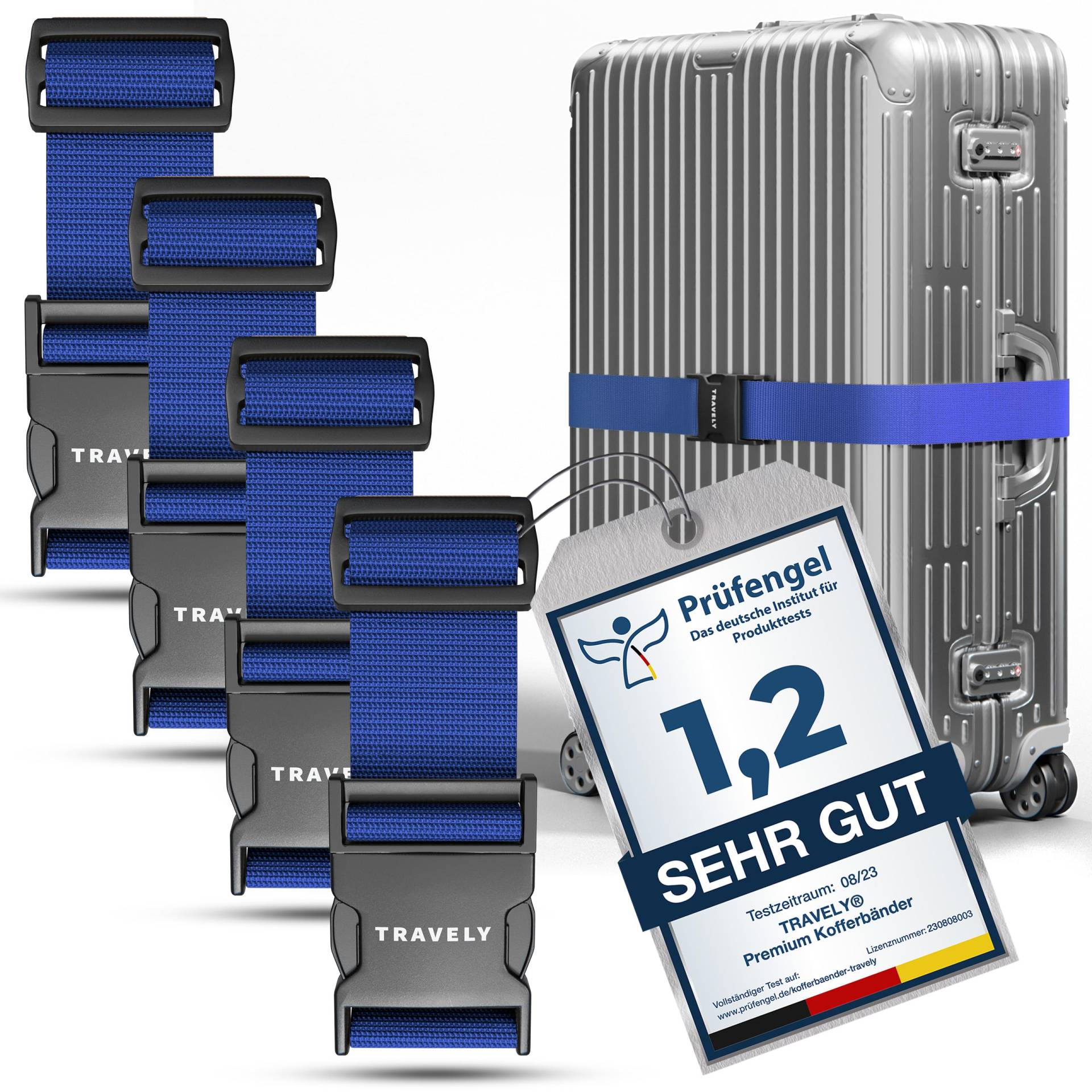 Travely® Premium Koffergurt - Besonders Auffällig & Sicher - Inkl. 4 Namensschildern - Gepäckband ideal über Kreuz - [4er Set] - Navy von Travely