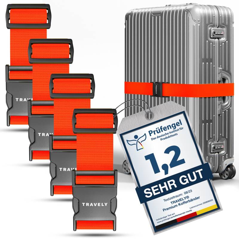 Travely® Premium Koffergurt - Besonders Auffällig & Sicher - Inkl. 4 Namensschildern - Gepäckband ideal über Kreuz - [4er Set] - Orange von Travely