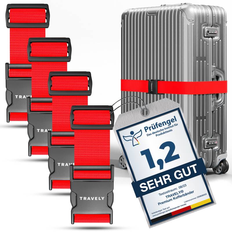 Travely® Premium Koffergurt - Besonders Auffällig & Sicher - Inkl. 4 Namensschildern - Gepäckband ideal über Kreuz - [4er Set] - Rot von Travely