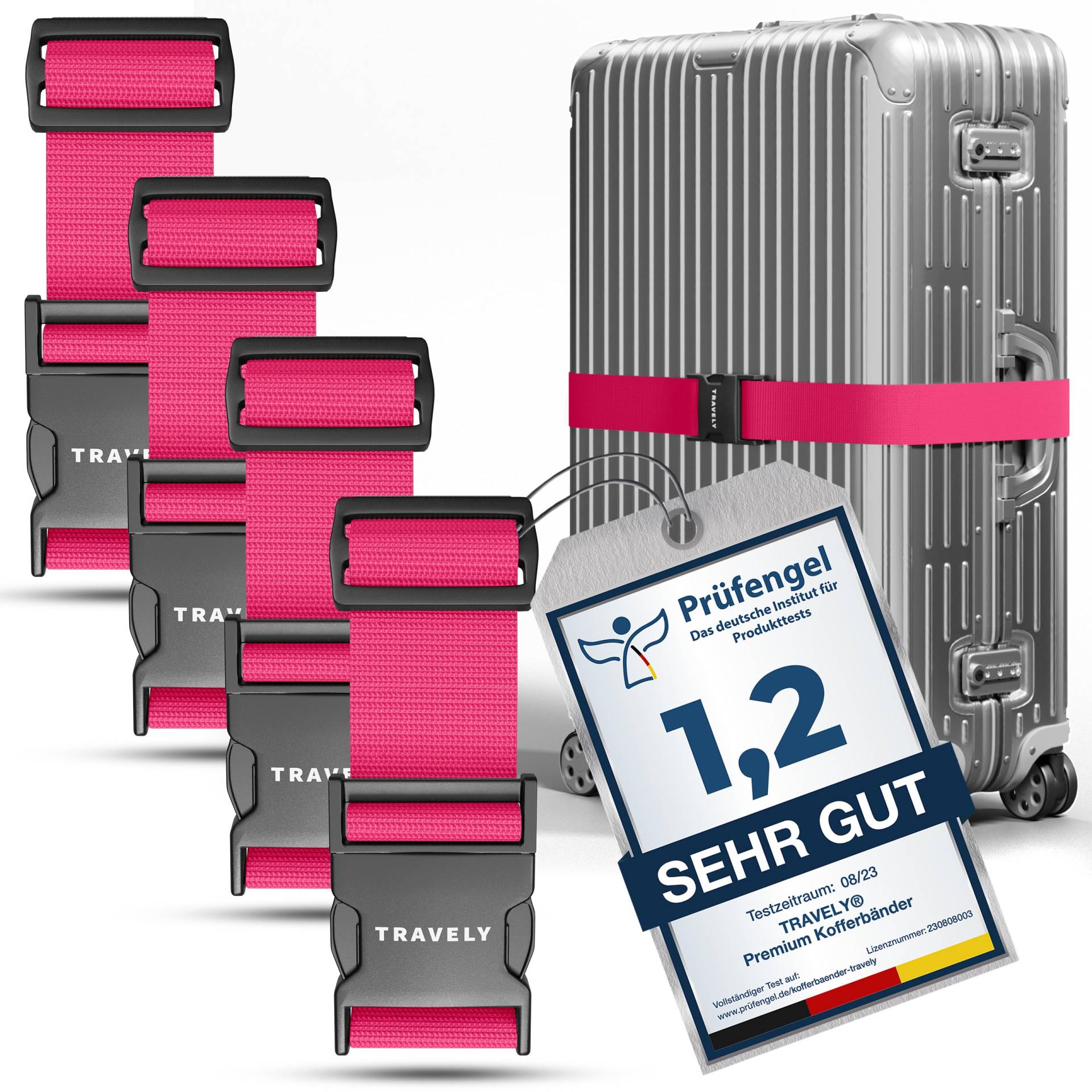 Travely® Premium Koffergurt - Besonders Auffällig & Sicher - Inkl. 4 Namensschildern - Gepäckband ideal über Kreuz - [4er Set] - Pink von Travely