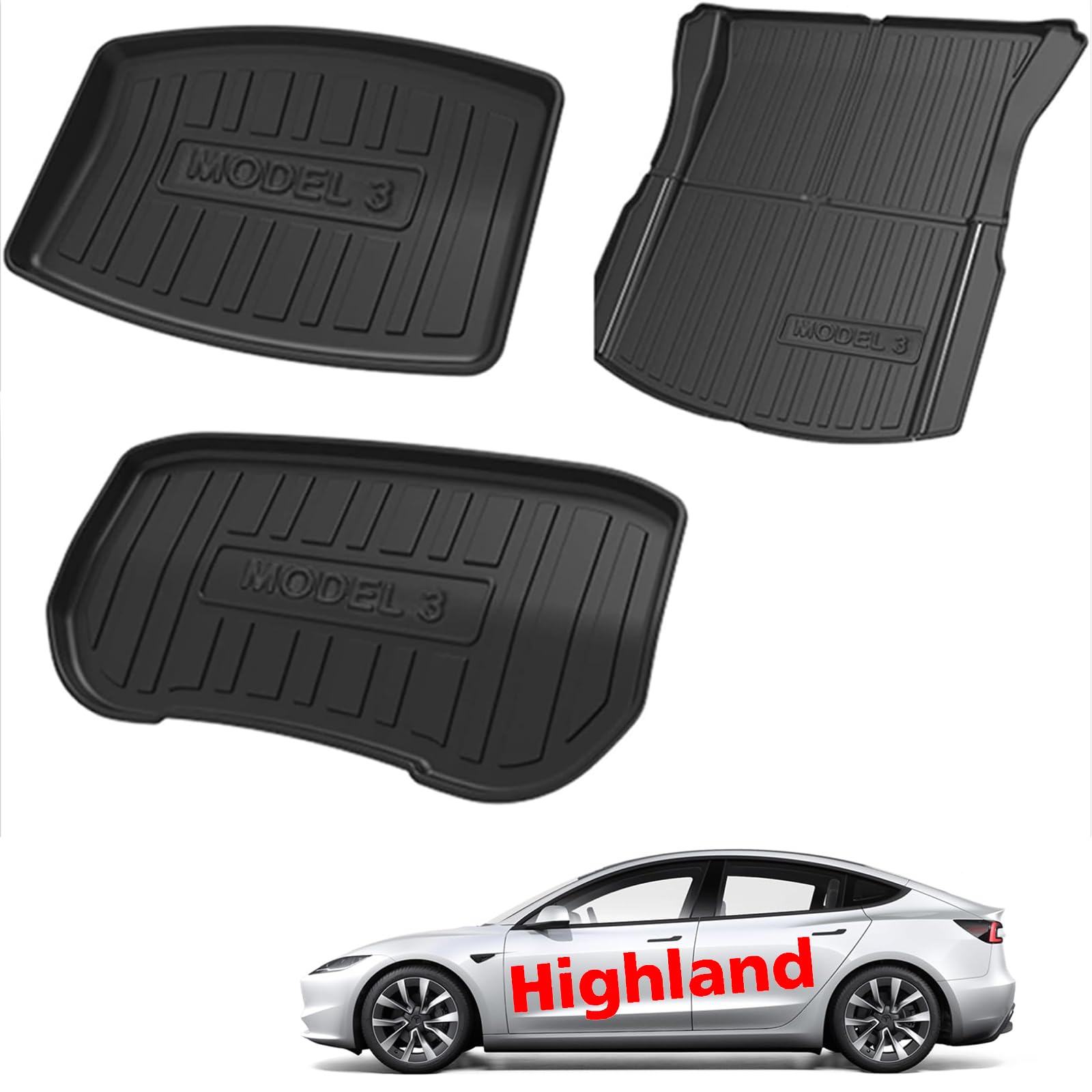 Treesiche Allwetter-Laderaummatten für Tesla Model 3 Highland TPE (Kofferraummatte vorn + Kofferraummatte hinten + Laderaummatte) von Treesiche