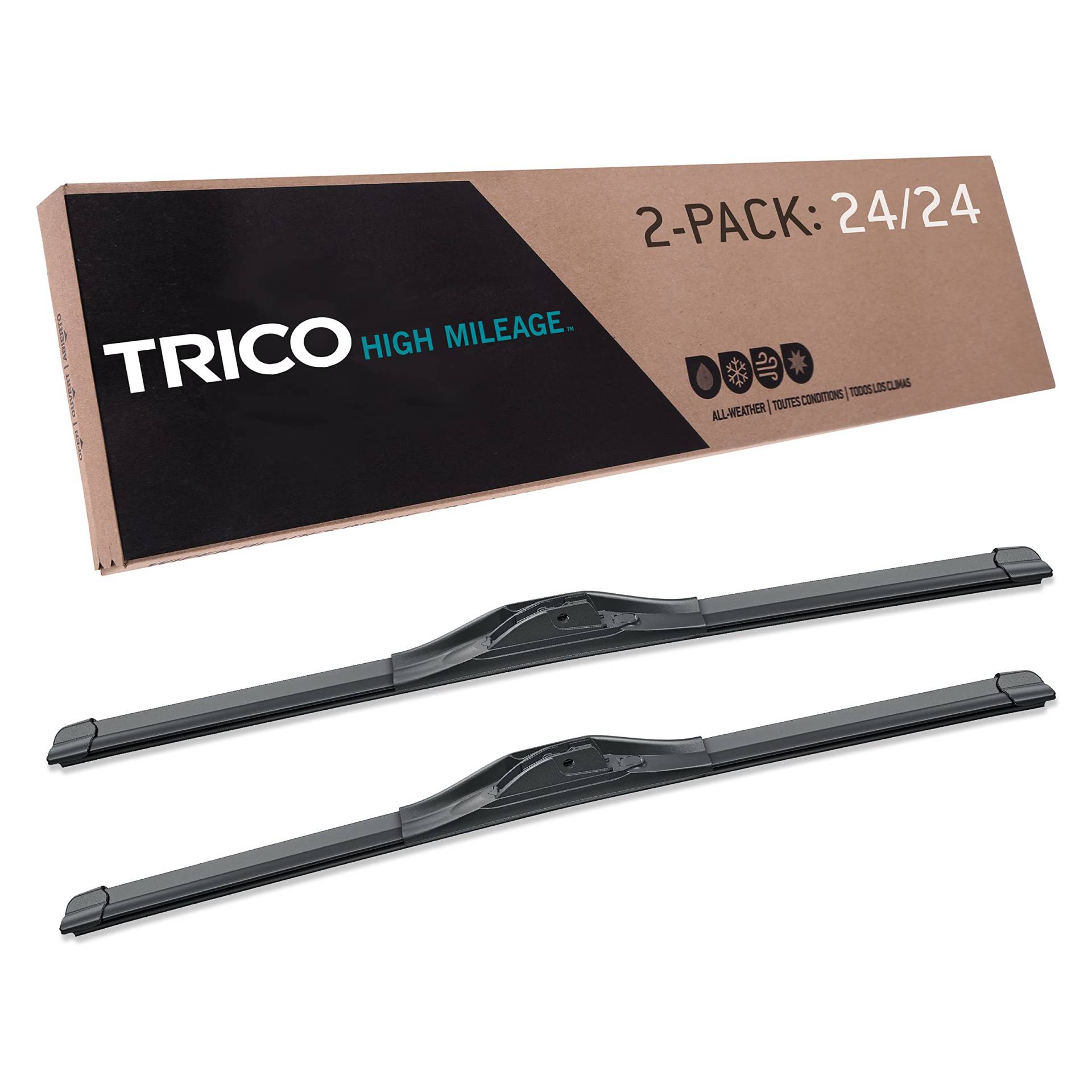 TRICO Solutions™ High Mileage 24 Zoll 2 Stück Hochleistungs-Auto-Ersatz-Scheibenwischerblätter für ausgewählte Modelle Dodge Ram, Jeep, Toyota, Chevrolet und Pontiac (56-2424) von Trico