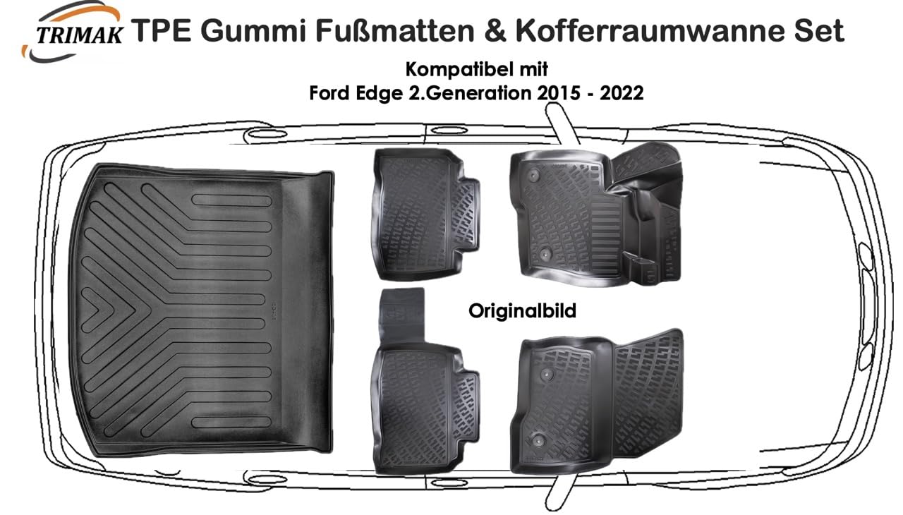 3D Fußmatten & Kofferraumwanne Auto Set Kompatibel mit Ford Edge 2. Gen 2015-2022 Auto Allwetter Zubehör Gummimatten Kofferraumwanne Autos TPE Allwetter Geruchlos rutschfest von Trimak