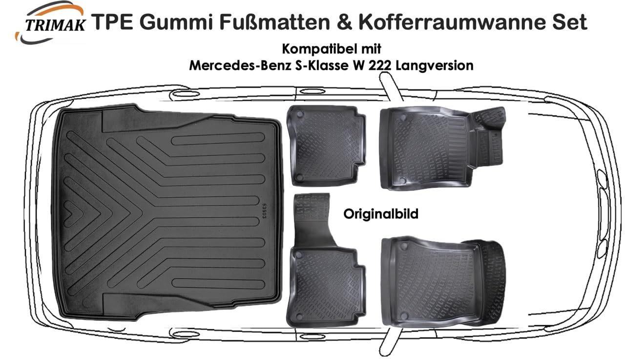 3D Fußmatten & Kofferraumwanne Auto Set Kompatibel mit Mercedes-Benz S-Klasse W 222 Langversion Auto Allwetter Zubehör Gummimatten Kofferraumwanne Autos TPE Allwetter Geruchlos rutschfest von Trimak