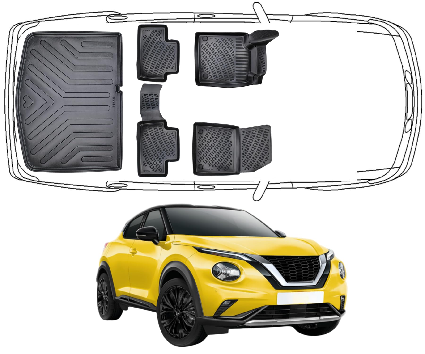 3D Fußmatten & Untere Kofferraumwanne Auto Set Kompatibel mit Nissan Juke 2.Gen 2019-2026 Auto Allwetter Zubehör Gummimatten Kofferraumwanne Autos TPE Allwetter Geruchlos rutschfest von Trimak