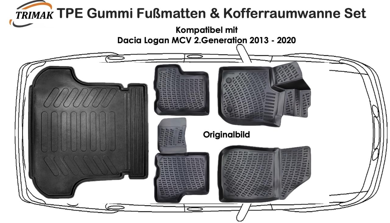 TPE Fußmatten & Kofferraumwanne Auto Set Kompatibel mit Dacia Logan MCV 2.Gen 2013-2020 Auto Allwetter Zubehör Gummimatten Kofferraumwanne Autos TPE Allwetter Geruchlos rutschfest von Trimak