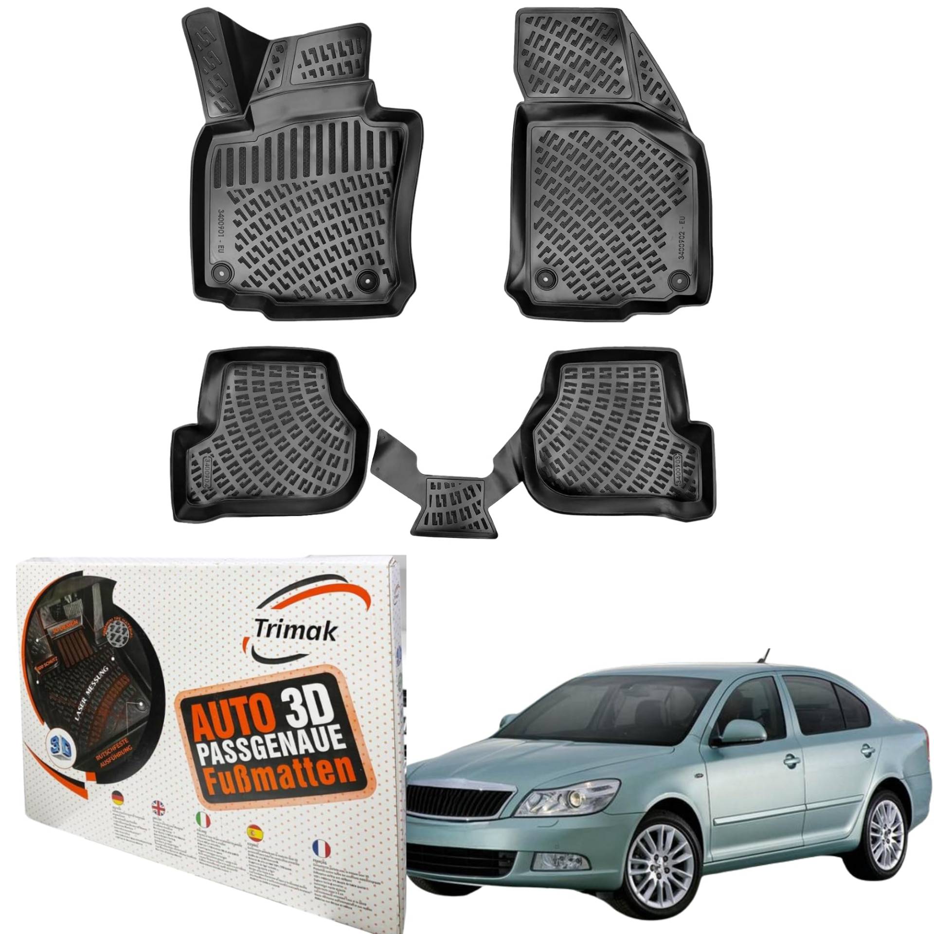 Trimak Passgenau 3D Fussmatten Auto Kompatibel mit Skoda Octavia 2 Gen 2004-2013 Auto Zubehör 1. Und 2. Reihe Gummimatten Autos TPE Allwetter Geruchlos rutschfest Vorne und Hinten Schwarz von Trimak