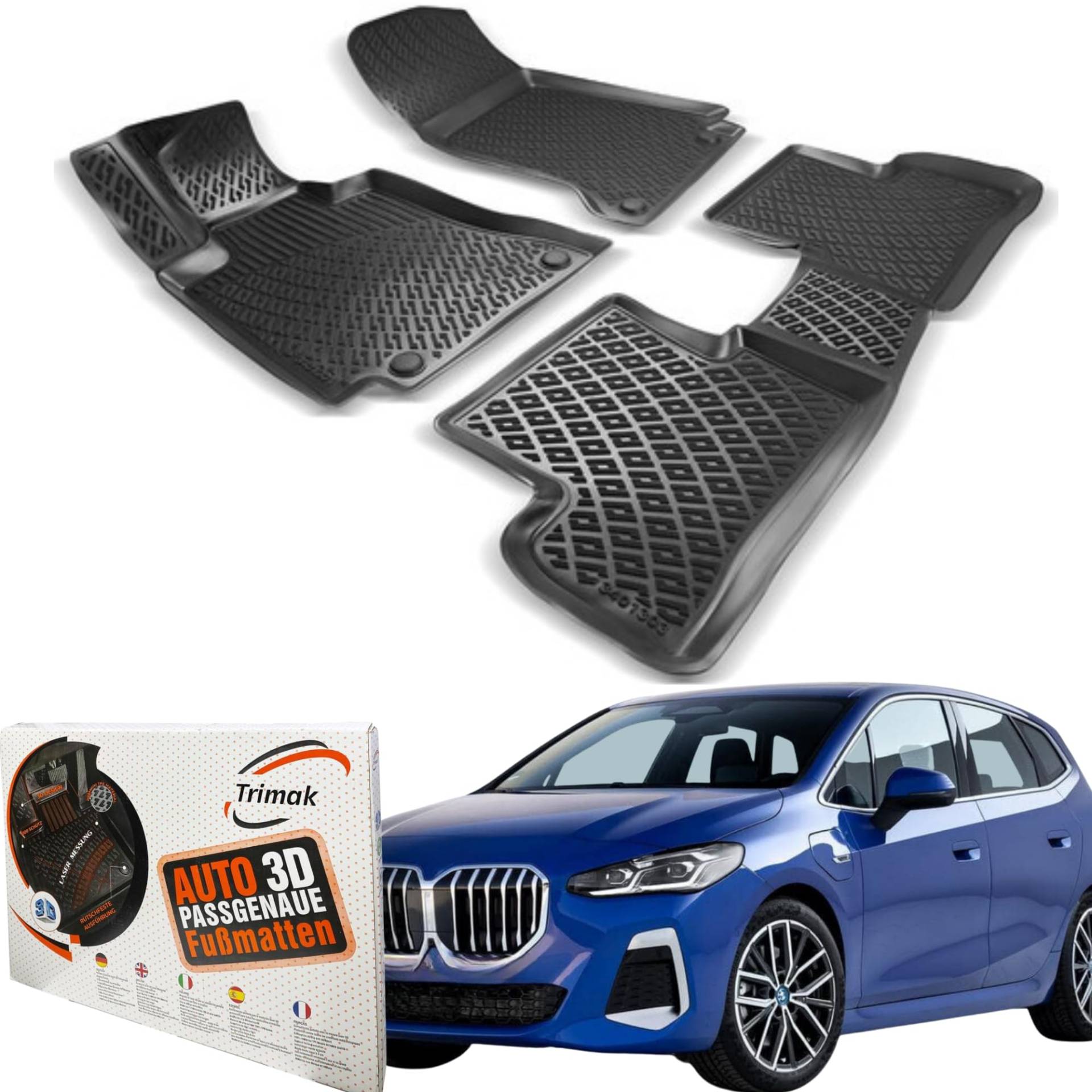 Trimak Passgenau 3D Fussmatten Auto Kompatibel mit BMW 2er Active Tourer U06 2021-2023 Auto Zubehör 1. Und 2. Reihe Gummimatten Autos TPE Allwetter Geruchlos rutschfest Vorne und Hinten Schwartz von Trimak