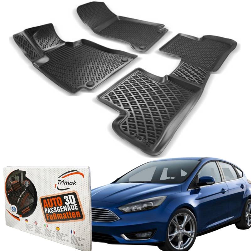 Trimak Passgenau 3D Fussmatten Auto Kompatibel mit Ford Focus 3.Gen A Series 2010-2014 Auto Zubehör 1. Und 2. Reihe Gummimatten Autos TPE Allwetter Geruchlos rutschfest Vorne und Hinten Schwartz von Trimak