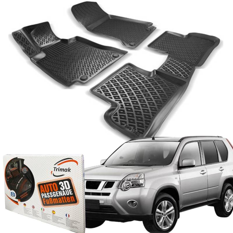 Trimak Passgenau 3D Fussmatten Auto Kompatibel mit Nissan X-Trail 2 Gen 2007-2013 Auto Zubehör 1. Und 2. Reihe Gummimatten Autos TPE Allwetter Geruchlos rutschfest Vorne und Hinten Schwarz von Trimak