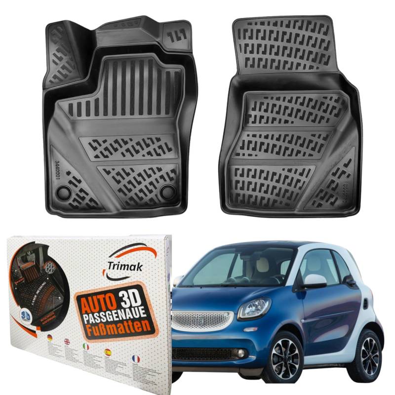 Trimak Passgenau 3D Fussmatten Auto Kompatibel mit Smart Fortwo 3 Gen ab 2014 Auto Zubehör 1. Reihe Gummimatten Autos TPE Allwetter Geruchlos rutschfest Vorne und Hinten Schwarz von Trimak