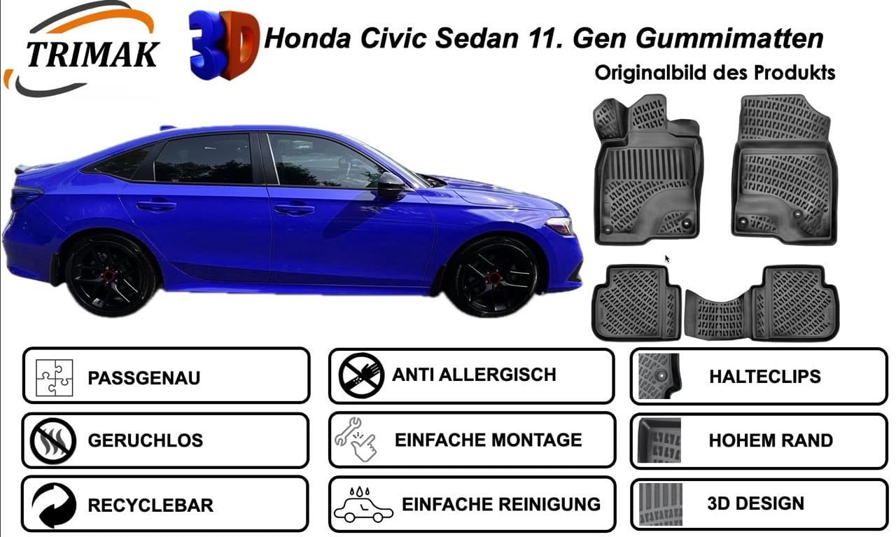 Trimak Passgenau 3D Fussmatten kompatibel mit Honda Civic Sedan 11. Gen 2021-2026 Auto Zubehör 1. Und 2. Reihe Gummimatten Autos TPE Allwetter Geruchlos rutschfest Vorne und Hinten Schwartz von Trimak