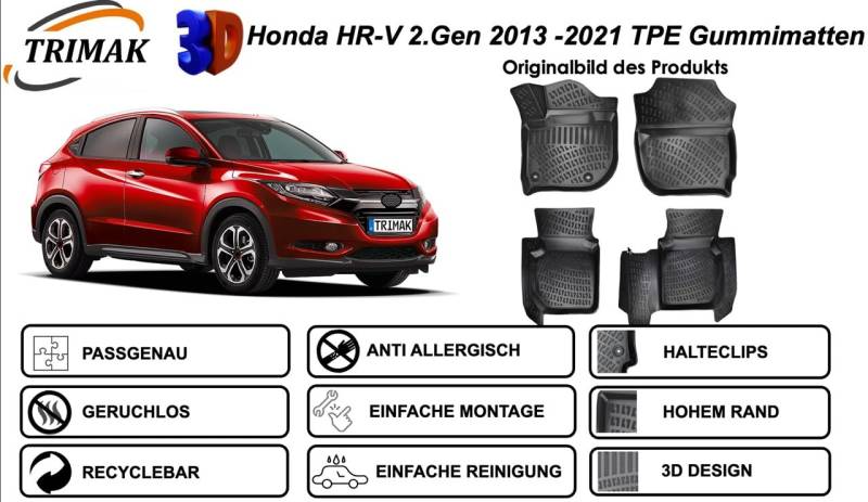 Trimak Passgenau 3D Fussmatten kompatibel mit Honda HR-V 2. Gen 2015-2021 Auto Zubehör 1. Und 2. Reihe Gummimatten Autos TPE Allwetter Geruchlos rutschfest Vorne und Hinten Schwartz von Trimak