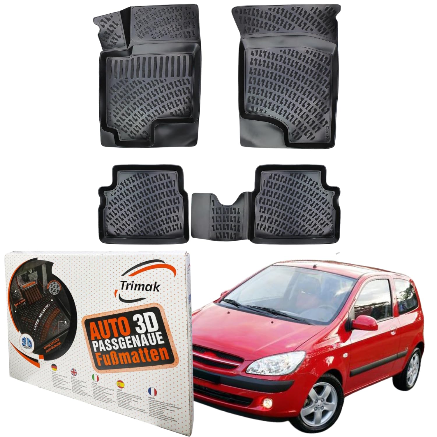 Trimak Passgenau 3D Fussmatten kompatibel mit Hyundai Getz 2002-2009 Auto Zubehör 1. Und 2. Reihe Gummimatten Autos TPE Allwetter Geruchlos rutschfest Vorne und Hinten Schwartz von Trimak