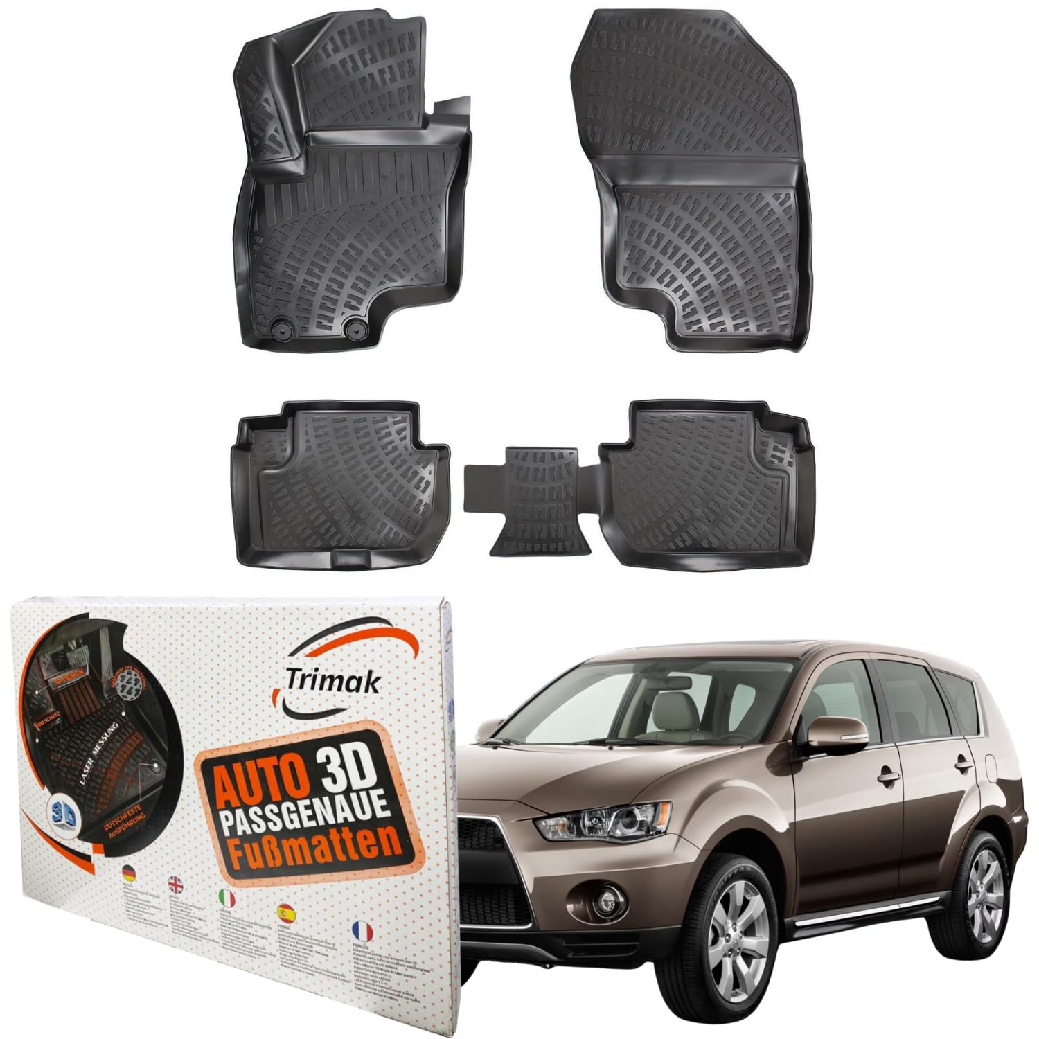 Trimak Passgenau 3D Fussmatten kompatibel mit Mitsubishi Outlander 2.Gen CW0W 2006-2012 Auto Zubehör 1. Und 2. Reihe Gummimatten Autos TPE Allwetter Geruchlos rutschfest Vorne und Hinten Schwartz von Trimak