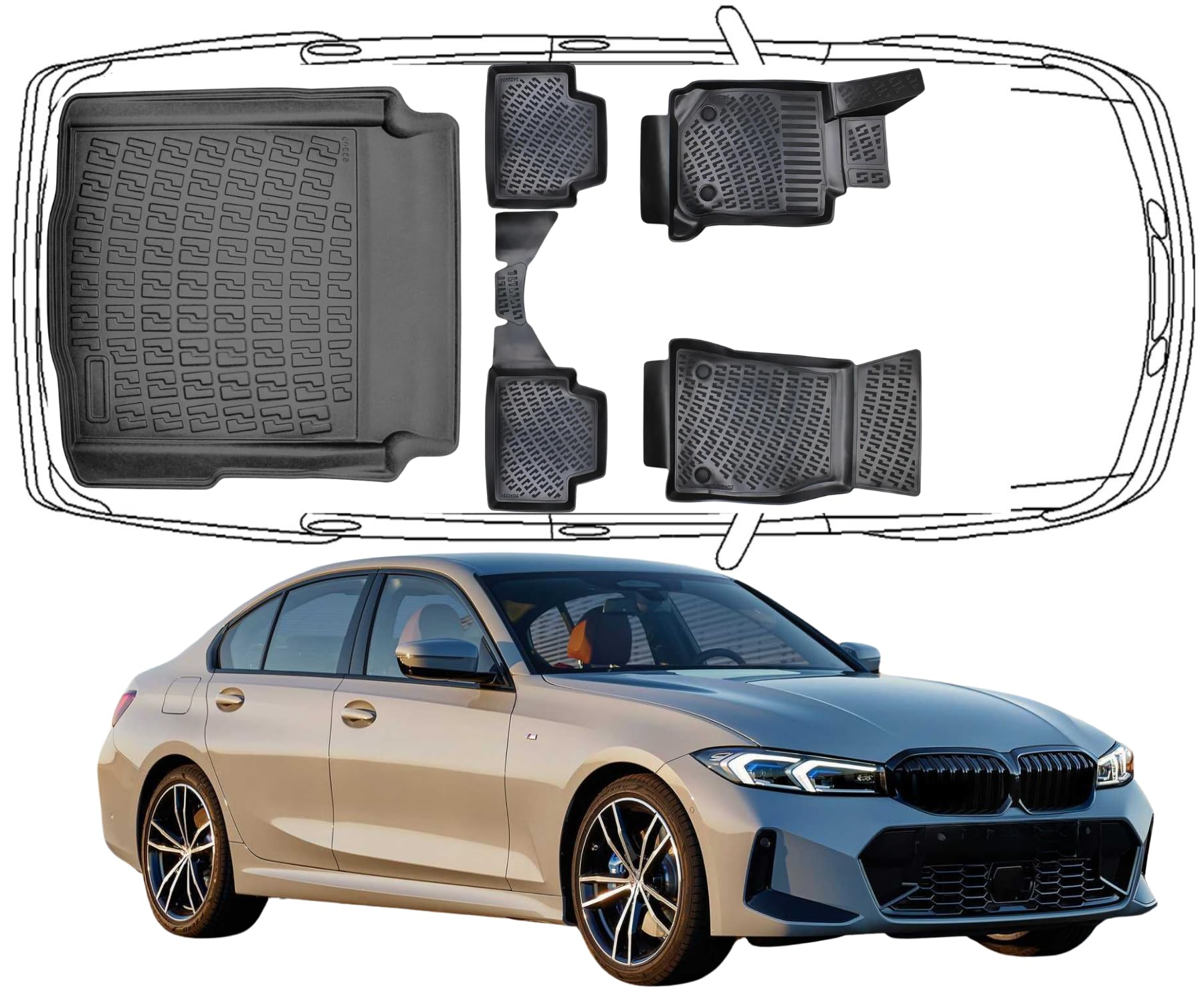 Trimak Passgenau 3D Fussmatten & Kofferraumwanne Auto Kompatibel mit BMW 3èr G20 Sedan Limousine 2017-2024 Auto Allwetter Zubehör Gummimatten Kofferraumwanne Autos TPE Allwetter Geruchlos rutschfest von Trimak