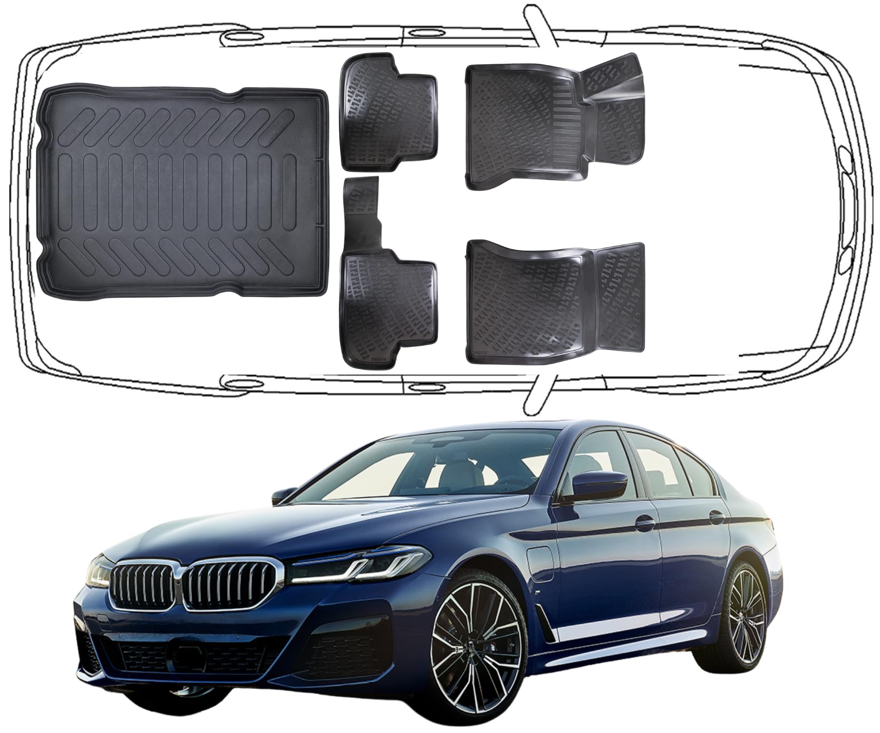 Trimak Passgenau 3D Fussmatten & Kofferraumwanne Auto Kompatibel mit BMW 5èr G30 2017-2024 Limousine Auto Allwetter Zubehör Gummimatten Kofferraumwanne Autos TPE Allwetter Geruchlos rutschfest von Trimak