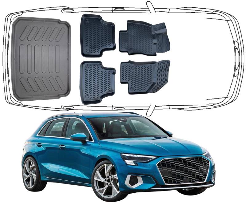 Trimak Passgenau 3D Fussmatten & Kofferraumwanne Auto Set Kompatibel mit Audi A3 HB 8V 2013-2020 Auto Zubehör Gummimatten & Kofferraummatte Autos TPE Allwetter Geruchlos rutschfest Schwarz von Trimak